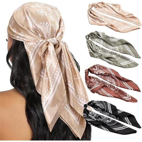 Womens satin square head scarf silk hair wrap bandana neck scarf set 35 inch top - Picture 7 of 7